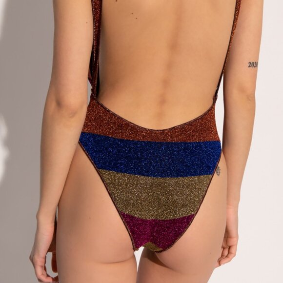 NWT $450 OSEREE One-Piece Lurex Swimsuit, Brown Striped Open Back, Size L - Picture 4 of 6